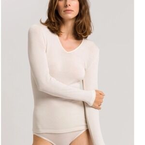 HANRO Womens Woolen Silk Long Sleeve V-Neck Shirt Top in Cygne (Ivory) Size S